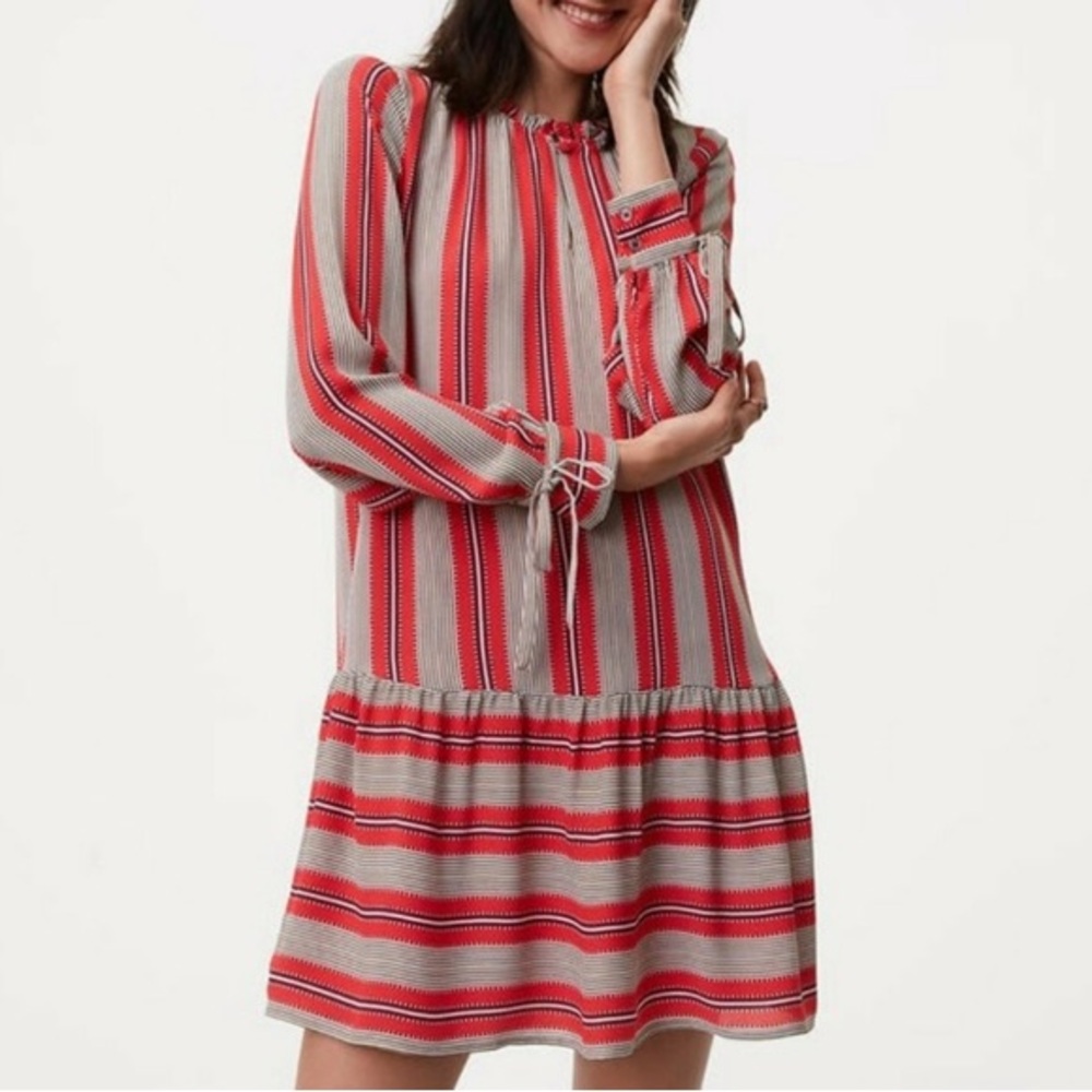 LOFT XS Red Spiced Stripe Long Sleeve Flounce Mini Dress